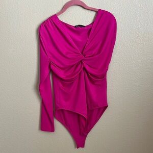Zara Pink Asymmetrical Ruched Long Sleeve Bodysuit